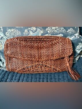 Cole Haan Woven Leather Clutch Brown Boho Handwoven Tassel Magnetic Closure